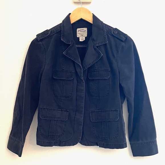 LUCKY BRAND Lightweight/Distressed Navy Cropped Jacket with Epaulets. - Picture 1 of 7